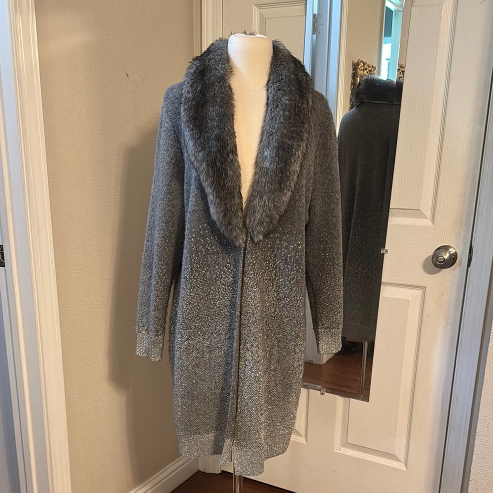 Chico's Gray Faux Fur Collar Long Cardigan Sweater